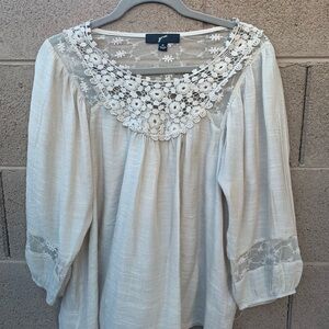 Beige Elegant Lace Women's Blouse Long Sleeves/Lace Inserts Elastic at Wrists